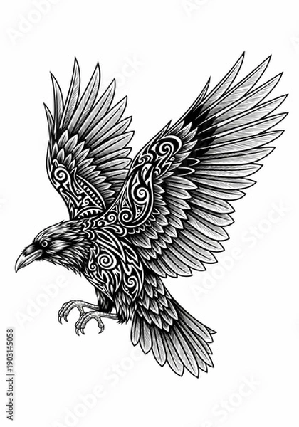Obraz 模様が美しいカラスのイラスト、白背景に黒の線画