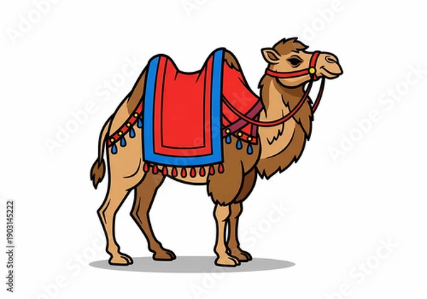 Obraz 愛らしいラクダ、鮮やかな鞍が目を引くイラスト