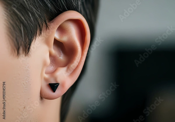 Obraz 耳に三角形の黒いピアス、ミニマルな印象