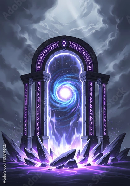 Obraz 神秘的なポータル、紫色の光と渦巻き模様