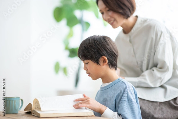 Obraz 本を読む男の子とソファに座る母親
