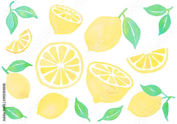 Obraz レモン、水彩、イエロー、水色、デザイン素材