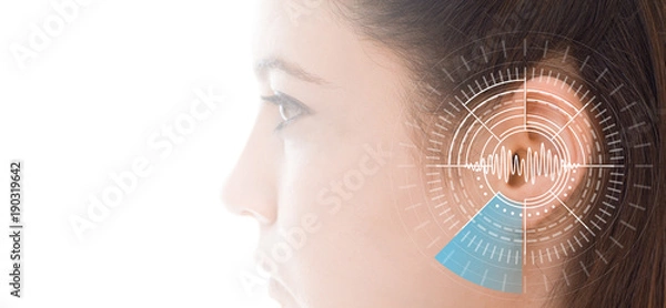 Fototapeta Hearing test showing ear of young woman with sound waves simulation technology