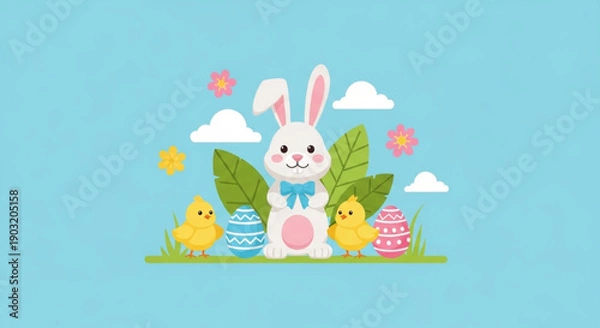 Obraz Easter bunny with chicks and eggs in a spring landscape with clouds