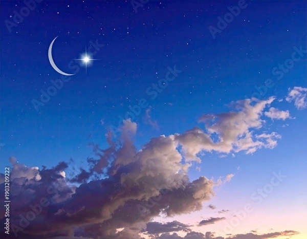 Obraz Crescent moon, bright star, and dramatic clouds in twilight sky