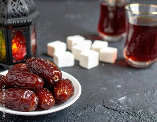 Obraz Dates, Turkish delight, tea, and lantern on dark surface