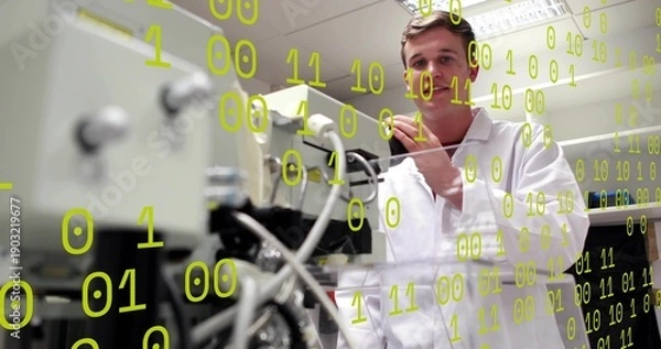 Obraz Adjusting lab tech wearing white lab coat at bench with instrument, cables, binary code, copy space