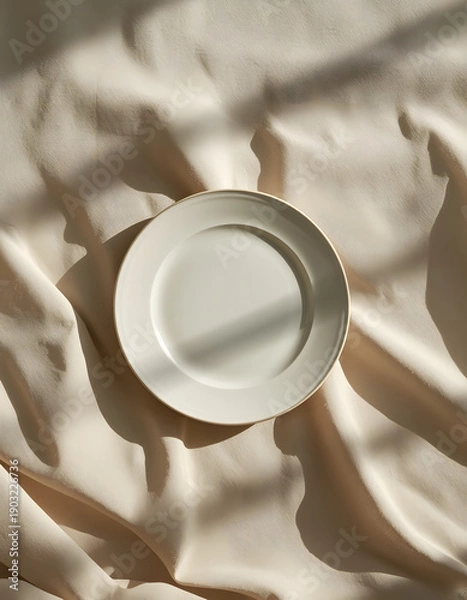 Obraz Minimal Empty Plate on Linen Background with Copy Space Flat Lay