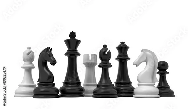 Fototapeta 3d rendering of white and black chess pieces standing together isolated on a white background.