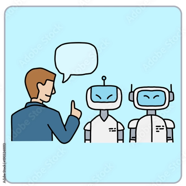 Fototapeta A person communicates with two friendly robots.