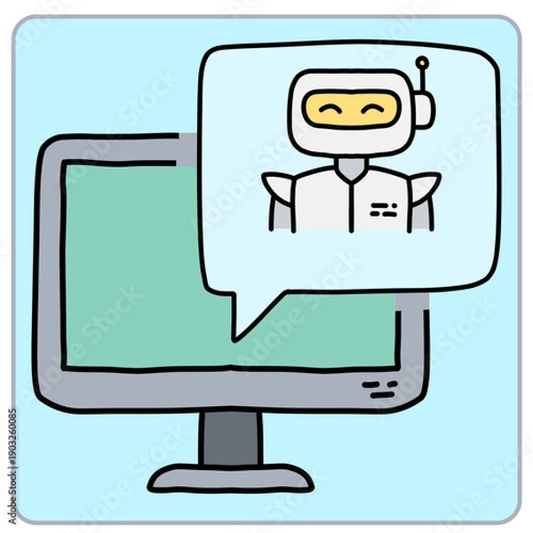 Fototapeta Cartoon robot interacting through a computer screen.