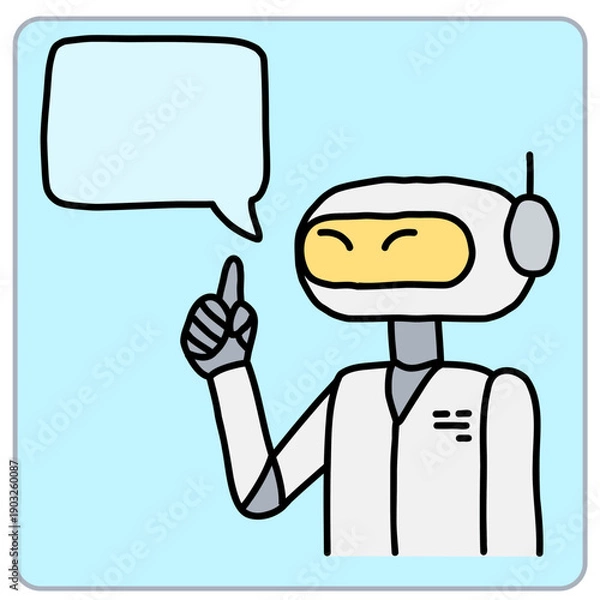 Fototapeta Cartoon robot with a speech bubble, gesturing thoughtfully.