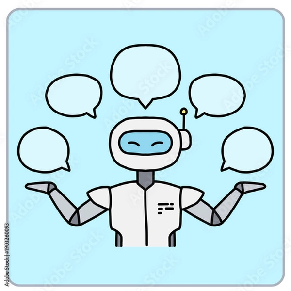 Fototapeta Friendly robot with speech bubbles in a communication theme.