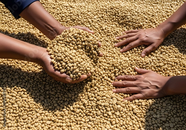 Fototapeta Hands Sorting Raw Green Coffee Beans During Sun Drying Process
