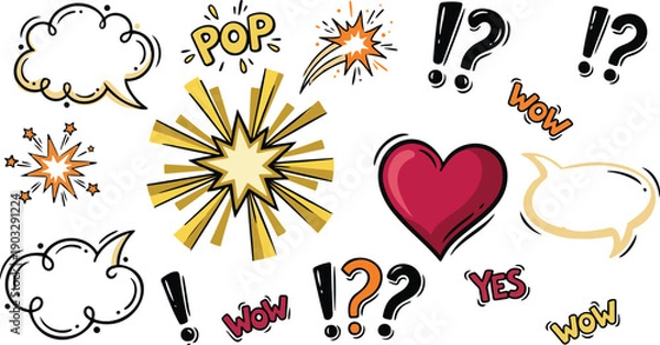 Obraz Comic Expression and Emotion Icon Set with Speech Bubbles, Symbols, and Reaction Elements