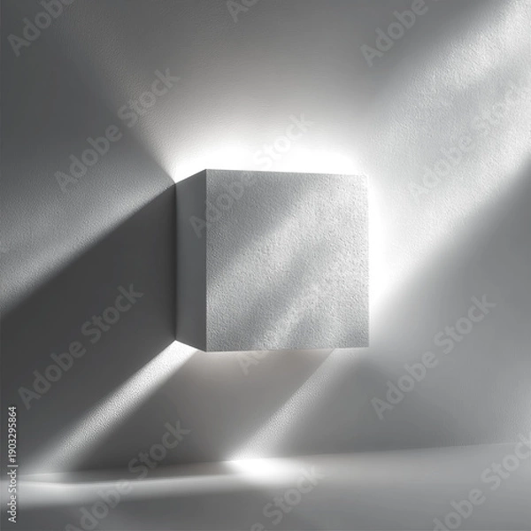 Fototapeta A dark cube floats within shadows, emerging from a textured surface with dramatic light