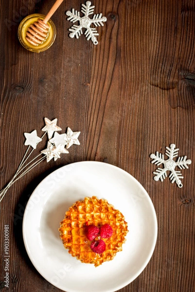 Obraz Christmas breakfast with waffles top view