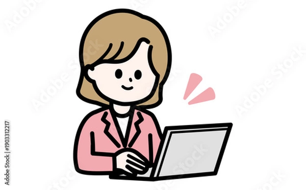 Obraz ノートパソコンで効率よく事務作業をする女性のイラスト。テレワークや在宅ワークの成功イメージ。