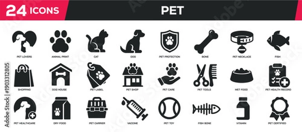 Obraz Pet solid icons collection. Perfect pixel on transparent background. Vector illustration