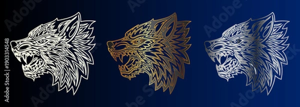 Fototapeta Lion Head Mascot Design Set, Golden Silver White Emblem, Fierce Wildlife Graphic Element