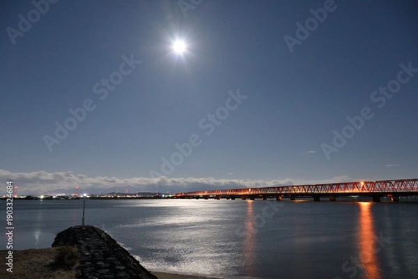 Obraz 月夜の揖斐長良大橋