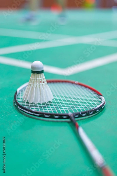 Fototapeta shuttlecock and badminton racket in  court