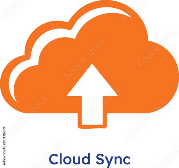 Obraz Cloud sync icon with orange cloud and white arrow on white background