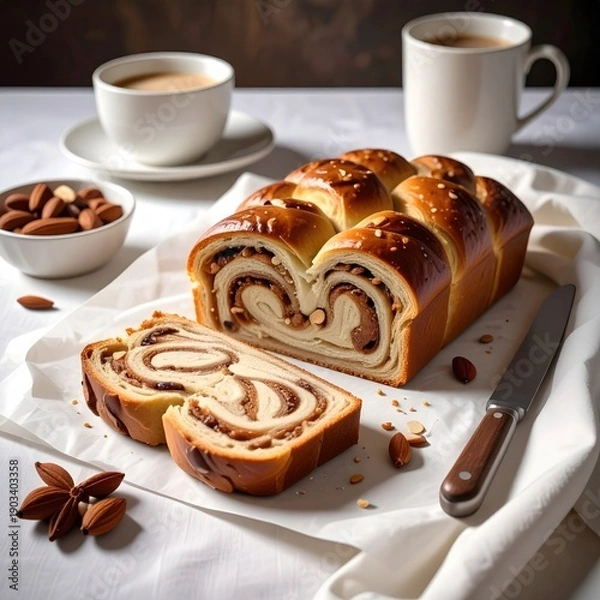 Obraz Swirl bread with coffee and nuts on white surface