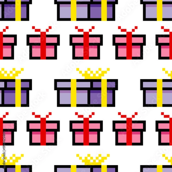 Obraz Seamless pattern with 8 bit pixel art gift box