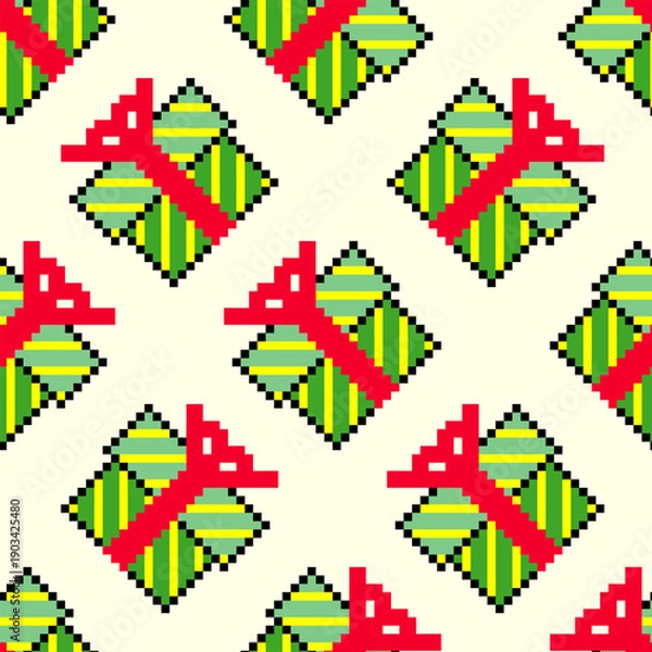 Obraz Seamless pattern with gift box pixel art