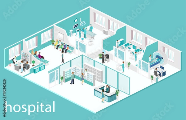 Fototapeta Isometric flat interior ofwaiting room, reception, mri, operating.