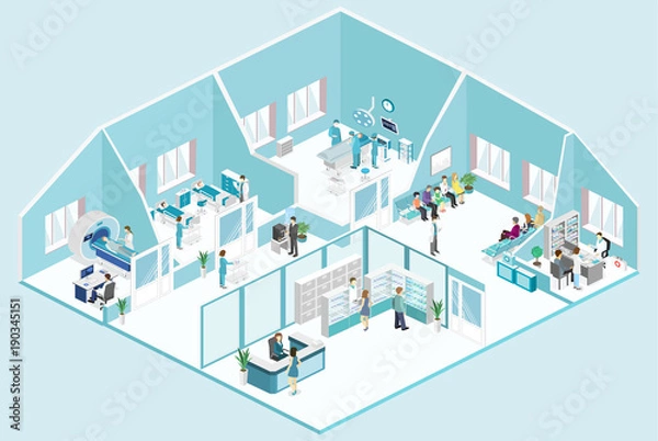 Fototapeta Isometric flat interior ofwaiting room, reception, mri, operating.