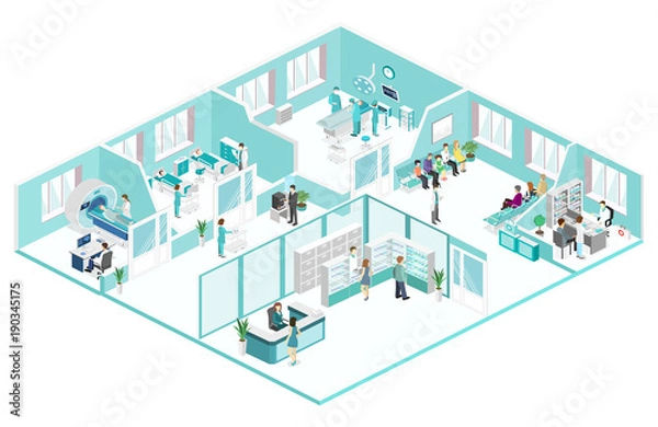 Fototapeta Isometric flat interior ofwaiting room, reception, mri, operating.