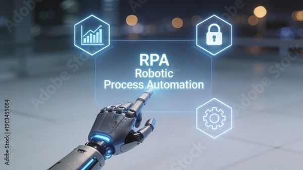 Fototapeta Robot hand interacting with RPA interface