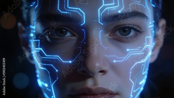 Fototapeta Human face with glowing circuit patterns