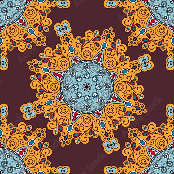 Fototapeta Vector abstract seamless patchwork pattern. Arabic tile texture with geometric and floral ornaments, stylized flowers, dots and lace. Vintage vector card.