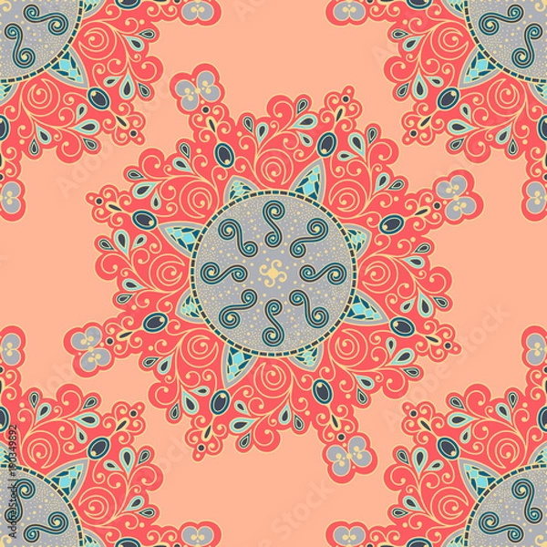 Fototapeta Vector abstract seamless patchwork pattern. Arabic tile texture with geometric and floral ornaments, stylized flowers, dots and lace. Vintage vector card.