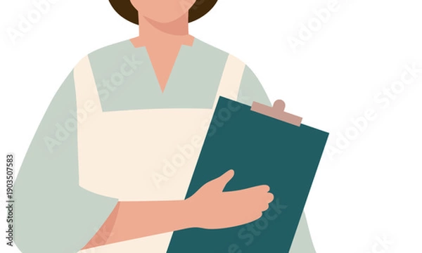 Obraz クリップボードを持つエプロン姿の女性を描いた人物イラスト