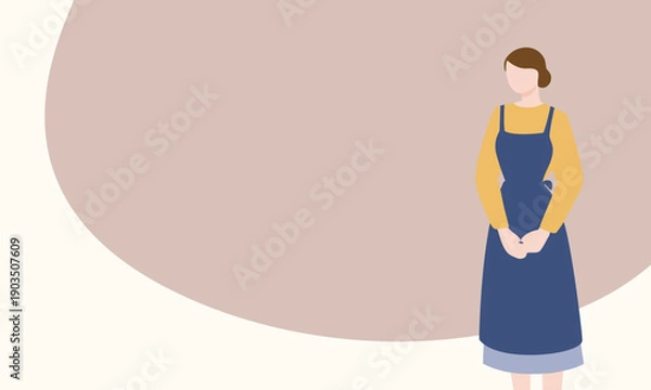 Obraz くすみカラーの背景とエプロン姿で立つ女性を描いた余白のある人物イラスト