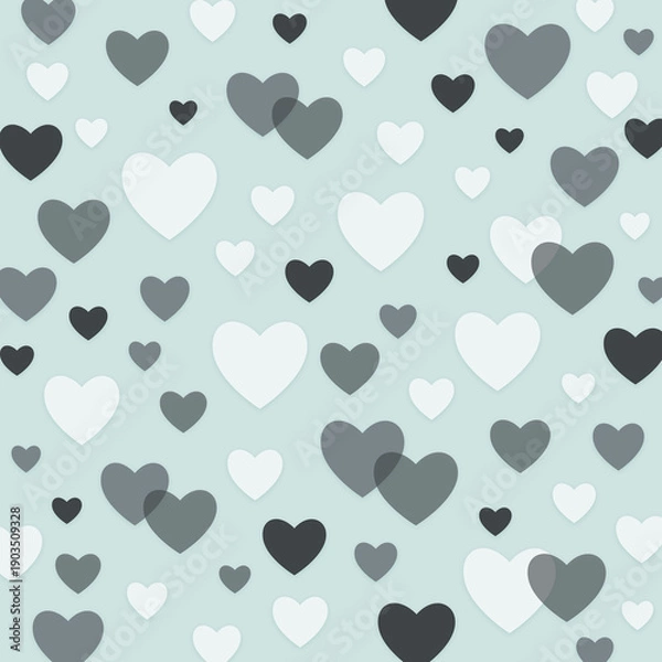 Fototapeta ハートのシンプルパターン（ミントグリーン）ー やさしいミントグリーンを背景に、白、グレーのハートを散りばめた、清潔感のあるシームレスなハートパターン。デザインペーパー、ポストカード、マスキングテープ、マスキングシールブックタイプ、フレークシール、ノートの表紙、クリアファイル、ハンカチ、ミニタオル、箸、マグカップ、皿、キッチンクロス、カラトリー、キッチン雑貨、ボールペン、ペンケース、ポーチに最適。