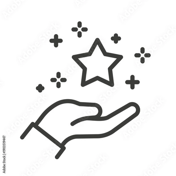 Obraz benefit icon, loyalty program, hand with star, bonus points, line vector label