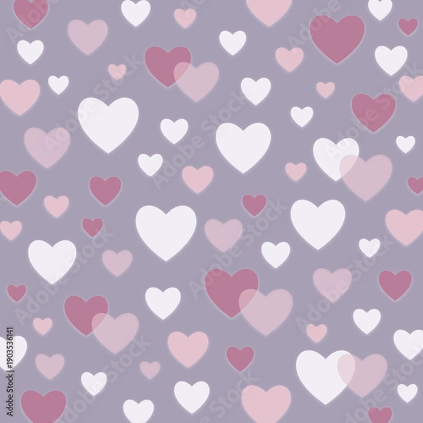 Fototapeta ハートのシンプルパターン（パープル）ー やさしいパープル背景に、白・ピンク系のハートを散りばめた、ゆめかわいいシームレスなハートパターン。デザインペーパー、ポストカード、マスキングテープ、マスキングシールブックタイプ、フレークシール、ノートの表紙、クリアファイル、ハンカチ、ミニタオル、箸、マグカップ、皿、キッチンクロス、カラトリー、キッチン雑貨、ボールペン、ペンケース、ポーチに最適。
