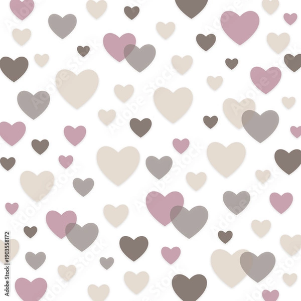 Fototapeta ハートのシンプルパターン（ホワイト）ー やさしいピンク・ベージュ・ブラウンのハートを散りばめた、ホワイトベースのシームレスなハートパターン。デザインペーパー、ポストカード、マスキングテープ、マスキングシールブックタイプ、フレークシール、ノートの表紙、クリアファイル、ハンカチ、ミニタオル、箸、マグカップ、皿、キッチンクロス、カラトリー、キッチン雑貨、ボールペン、ペンケース、ポーチに最適。