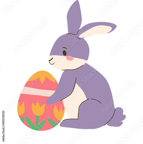 Obraz Cartoon easter bunny with easter egg. Cute rabbit in flat style isolated on transparent background.