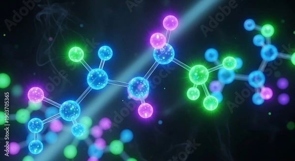 Obraz Molecular Structure with Neon Colored Atoms.