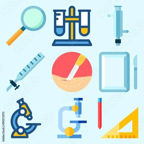 Fototapeta Icons set about Laboratory with surgery, measuring, test tube, kipp's apparatus, condenser and microscope
