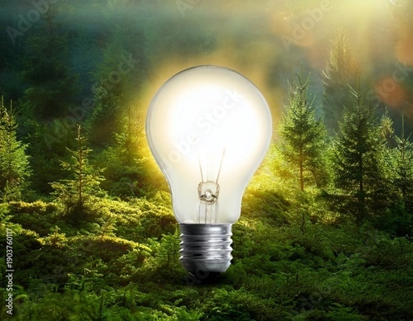 Obraz glowing light bulb among lush forest
