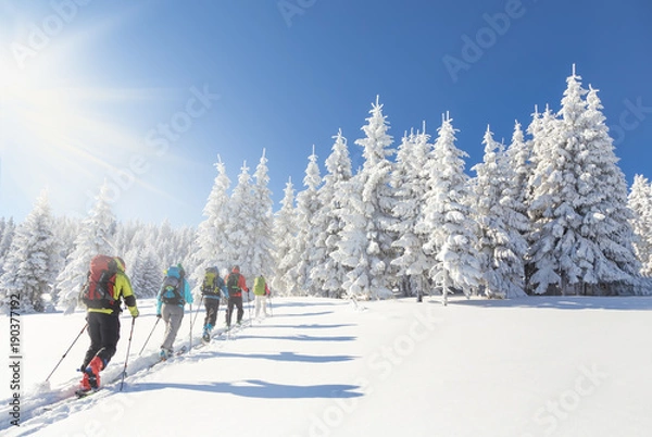 Obraz Grupa narciarzy backcountry idzie w kierunku chri pokryte śniegiem