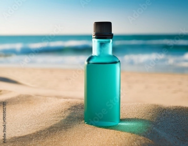 Obraz teal liquid bottle on beach sand