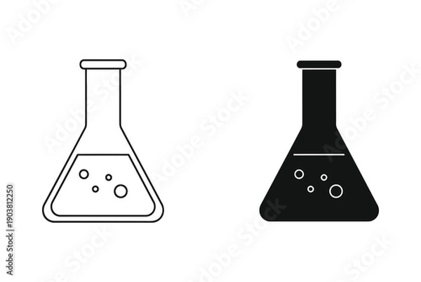 Fototapeta Laboratory Erlenmeyer Flasks with Bubbles Outline and Solid Vector Illustration